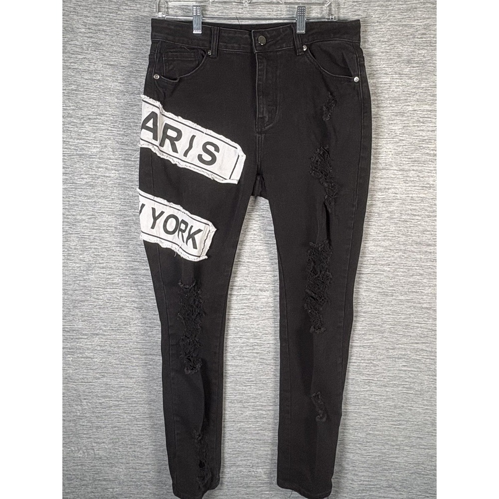 American Bazi Fashion Tour Patch Skinny Jeans Distressed Wrecked NY Paris Large